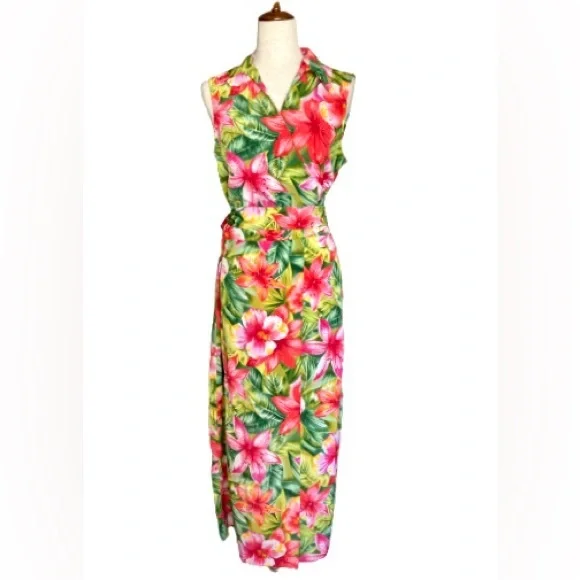 Sag Harbor Dresses | Vintage Sag Harbor Pink & Green Tropical Hawaiian Print Wrap Sleeveless Dress | Color: Green/Pink | Size: M | Samipancake's